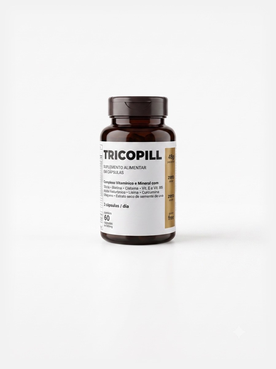 Frasco de Tricopill, suplemento capilar em cápsulas